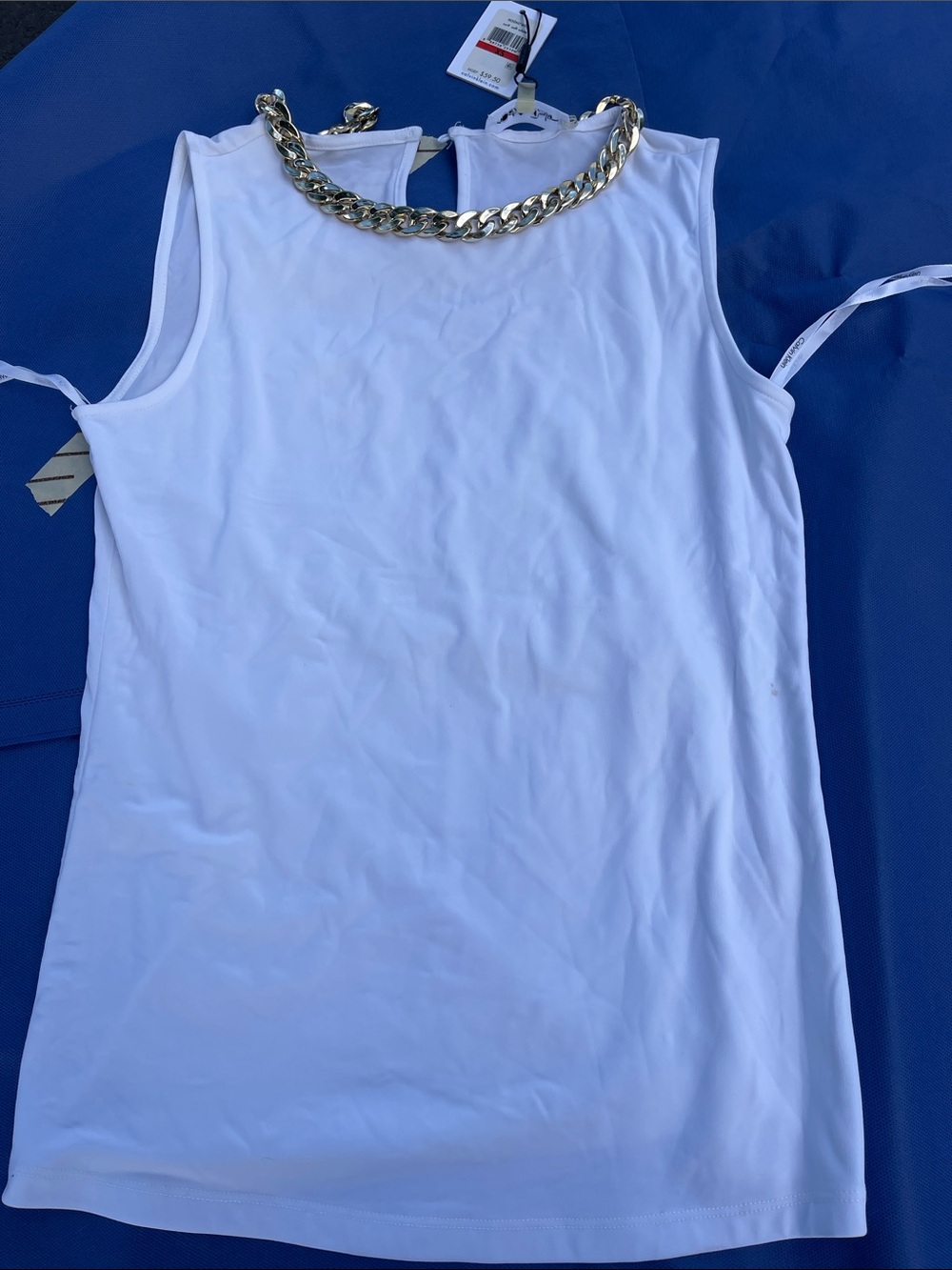 Women’s Calvin Klein White Sleeveless Tank Top with Chain Accent